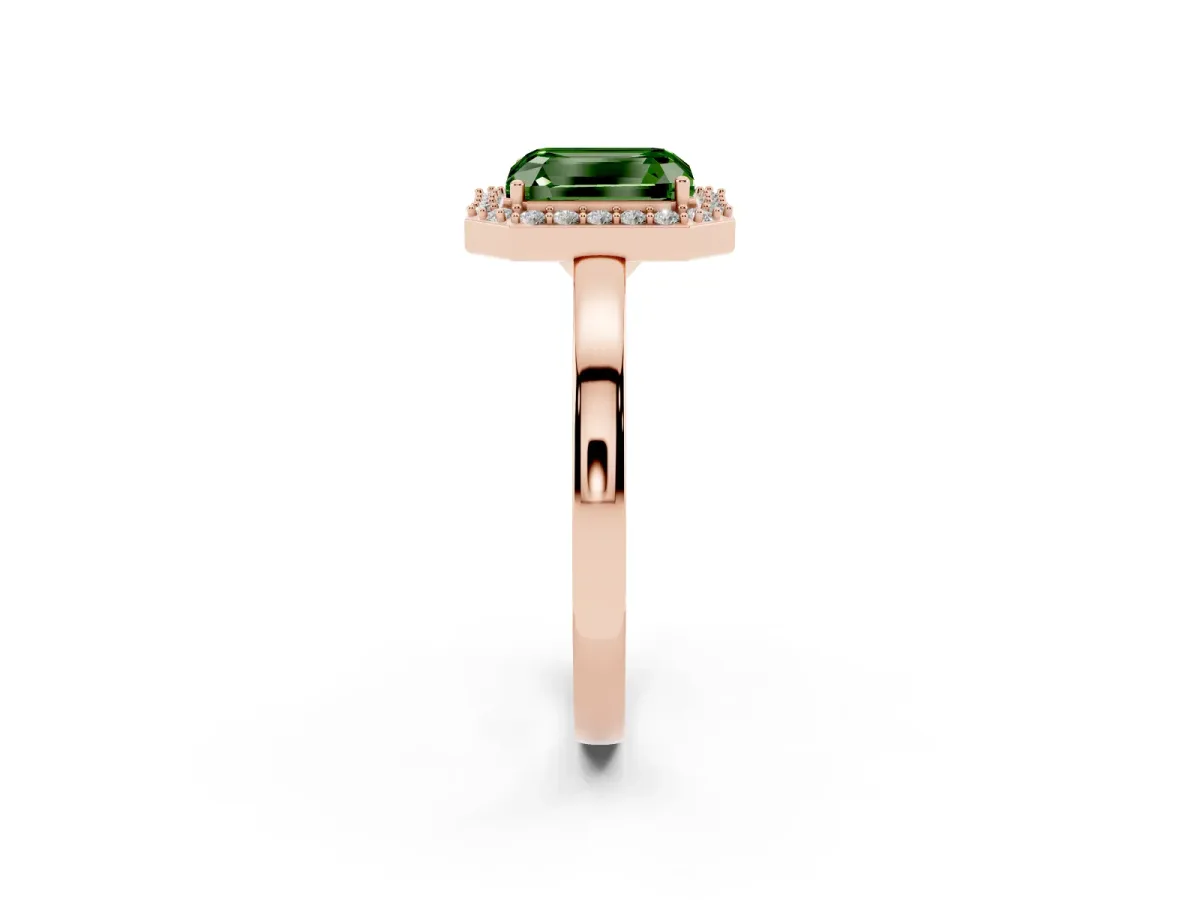 Fancy Green Radiant Cut Halo Diamond Ring with Solitaire Band and Prong Setting Rose gold