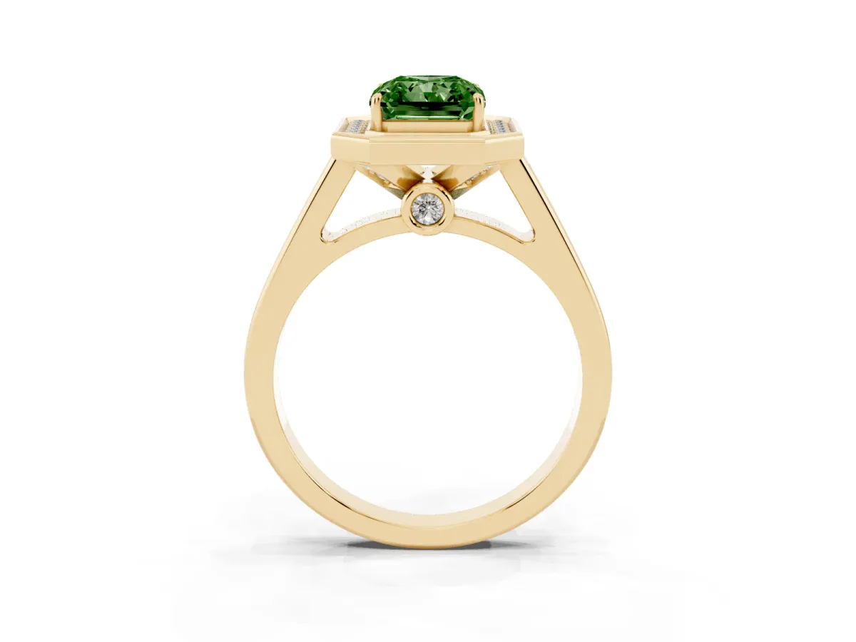 Fancy Green Emerald Cut Halo Solitaire Diamond Ring with Pave Band and Bezel Setting Yellow gold