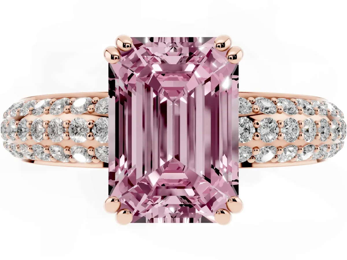 Fancy Pink Emerald Cut Diamond Solitaire Ring with Multi-Row Round Pavé Band and Prong Setting Rose gold
