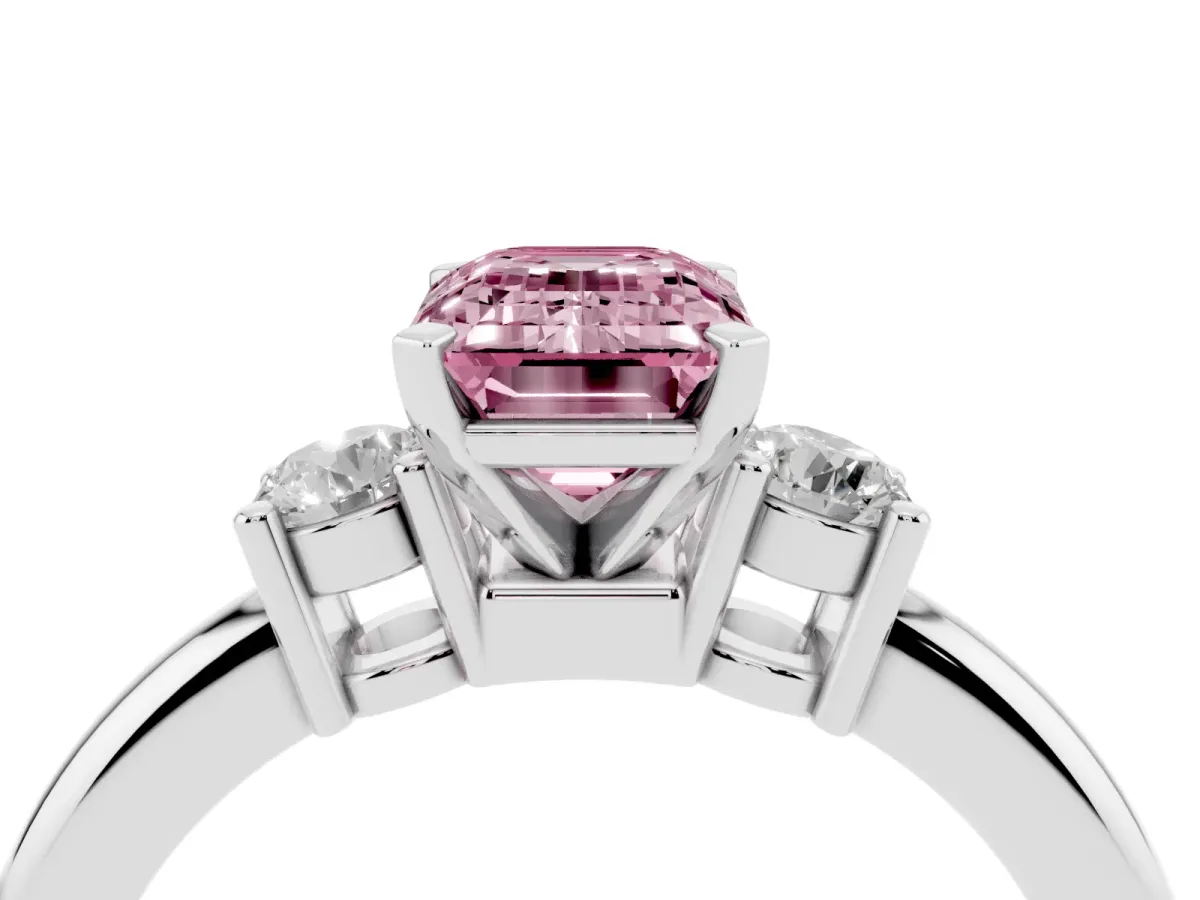 Fancy Pink Three-Stone Emerald Cut Cut Diamond Solitaire with Prong Setting and Classic Band Silver