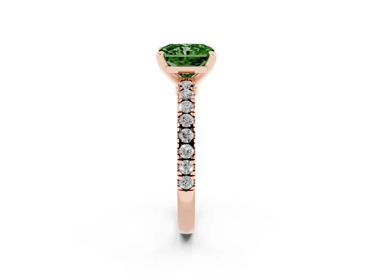 Fancy Green Radiant Cut Solitaire Diamond with Pavé Band and Four-Prong Setting Rose gold