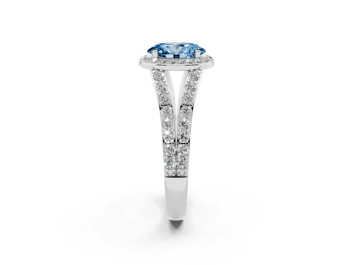 Fancy Blue Oval Cut Diamond Split Shank Halo Ring with Four-Prong Setting Silver