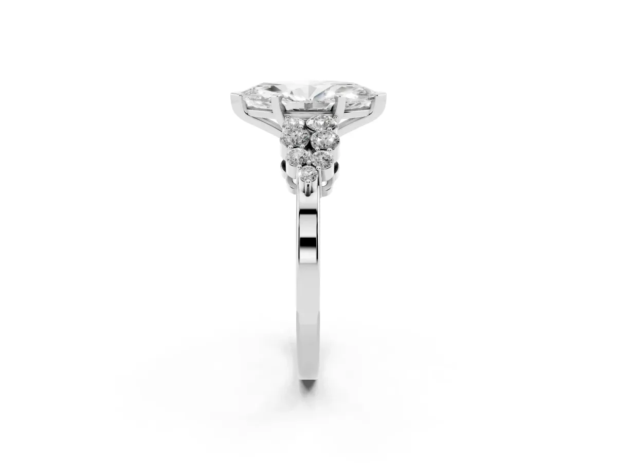 Marquise Cut Cluster Diamond Engagement Ring with Pavé Band and Four-Prong Setting Silver
