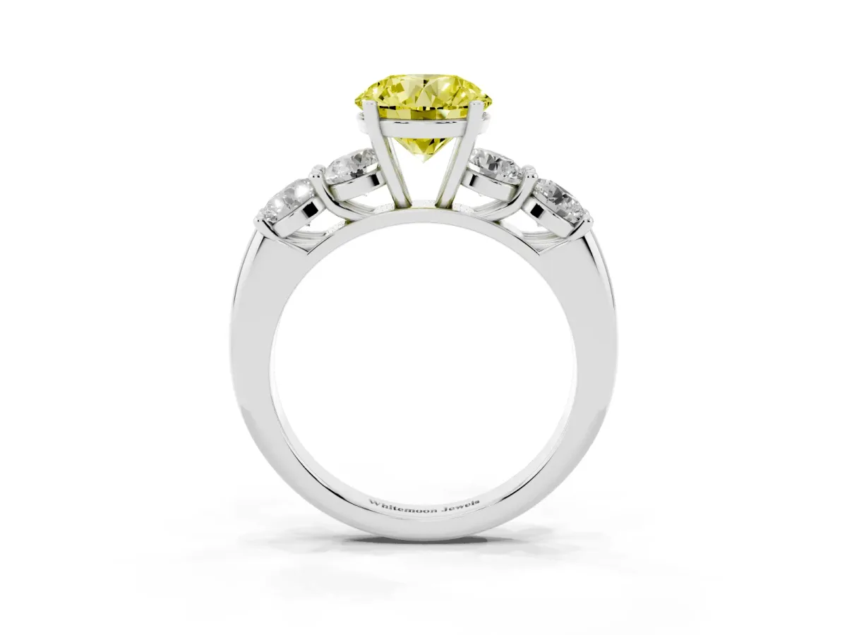 Fancy Yellow Round Cut Cut Five-Stone Prong Set Diamond Ring with Classic Band Silver