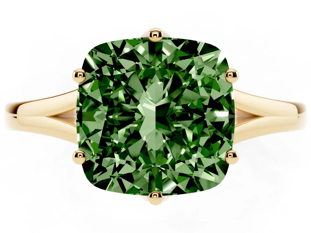 Fancy Green Cushion Cut Solitaire Diamond Ring with Six-Prong Setting and Tapered Band Yellow gold
