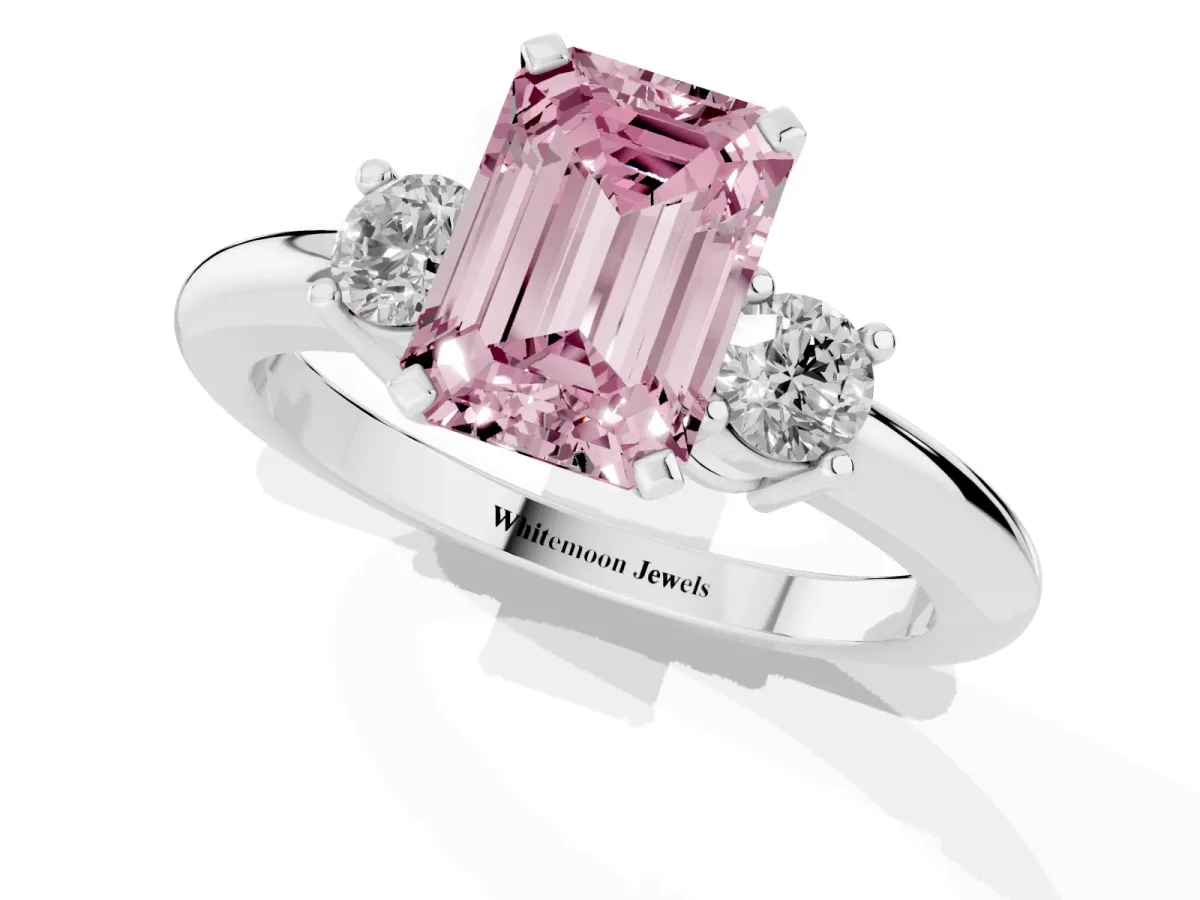 Fancy Pink Three-Stone Emerald Cut Cut Diamond Solitaire with Prong Setting and Classic Band Silver