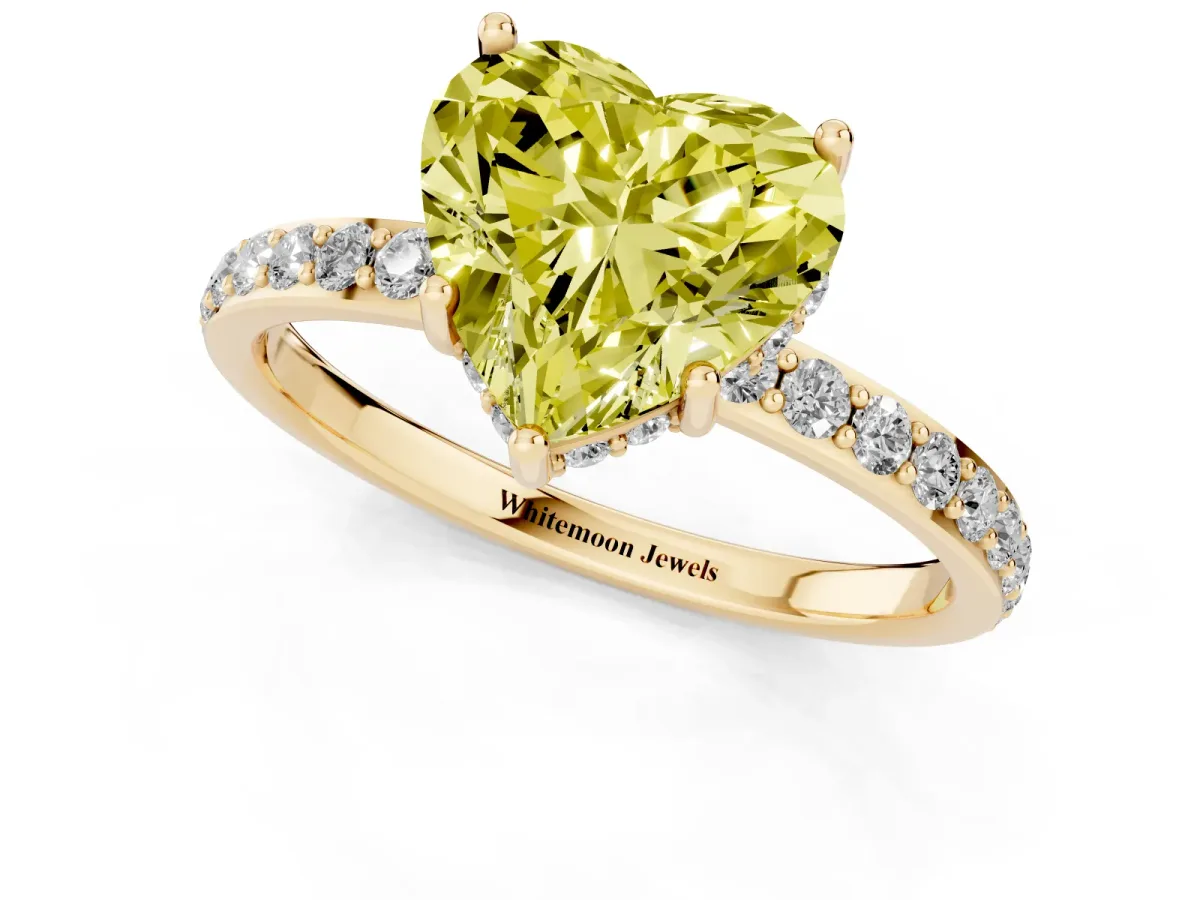Fancy Yellow Heart Cut Diamond Solitaire Ring with Pavé Band and Hidden Halo Yellow gold