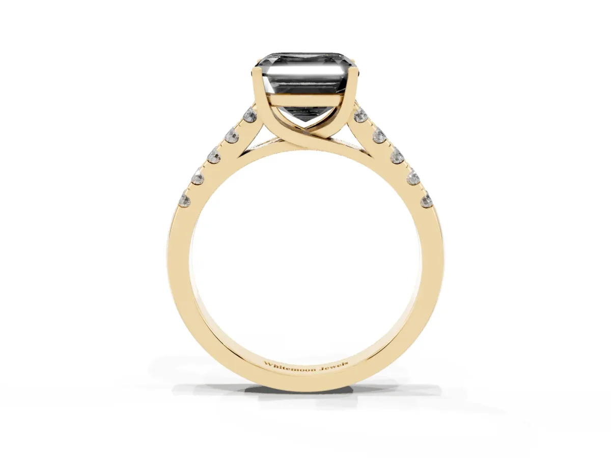 Fancy Black Asscher Cut Diamond Pavé Band Solitaire Ring with Prong Setting Yellow gold