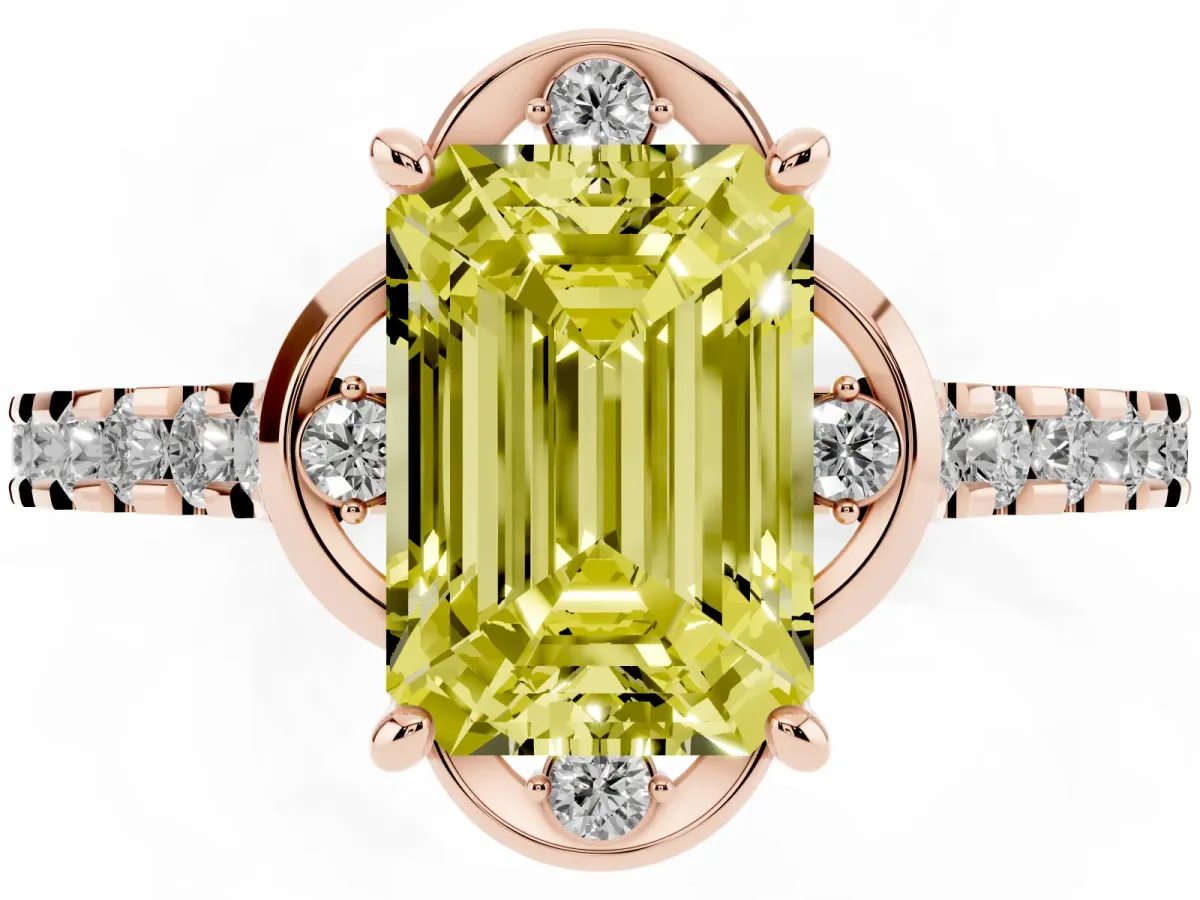 Fancy Yellow Emerald Cut Diamond Ring with Pavé Band and Floral Prong Setting Rose gold