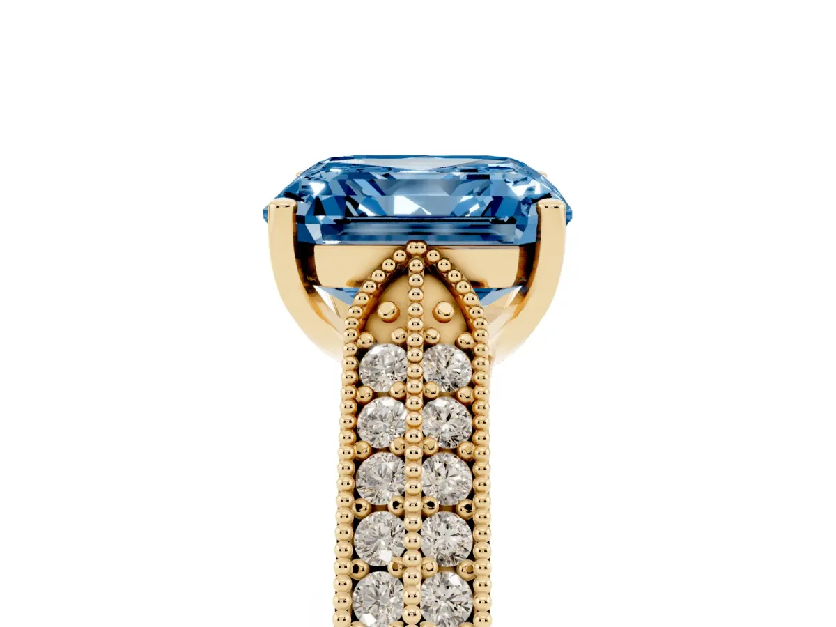 Fancy Blue Asscher Cut Cut Pave Split Shank Engagement Ring with Four-Prong Setting Yellow gold