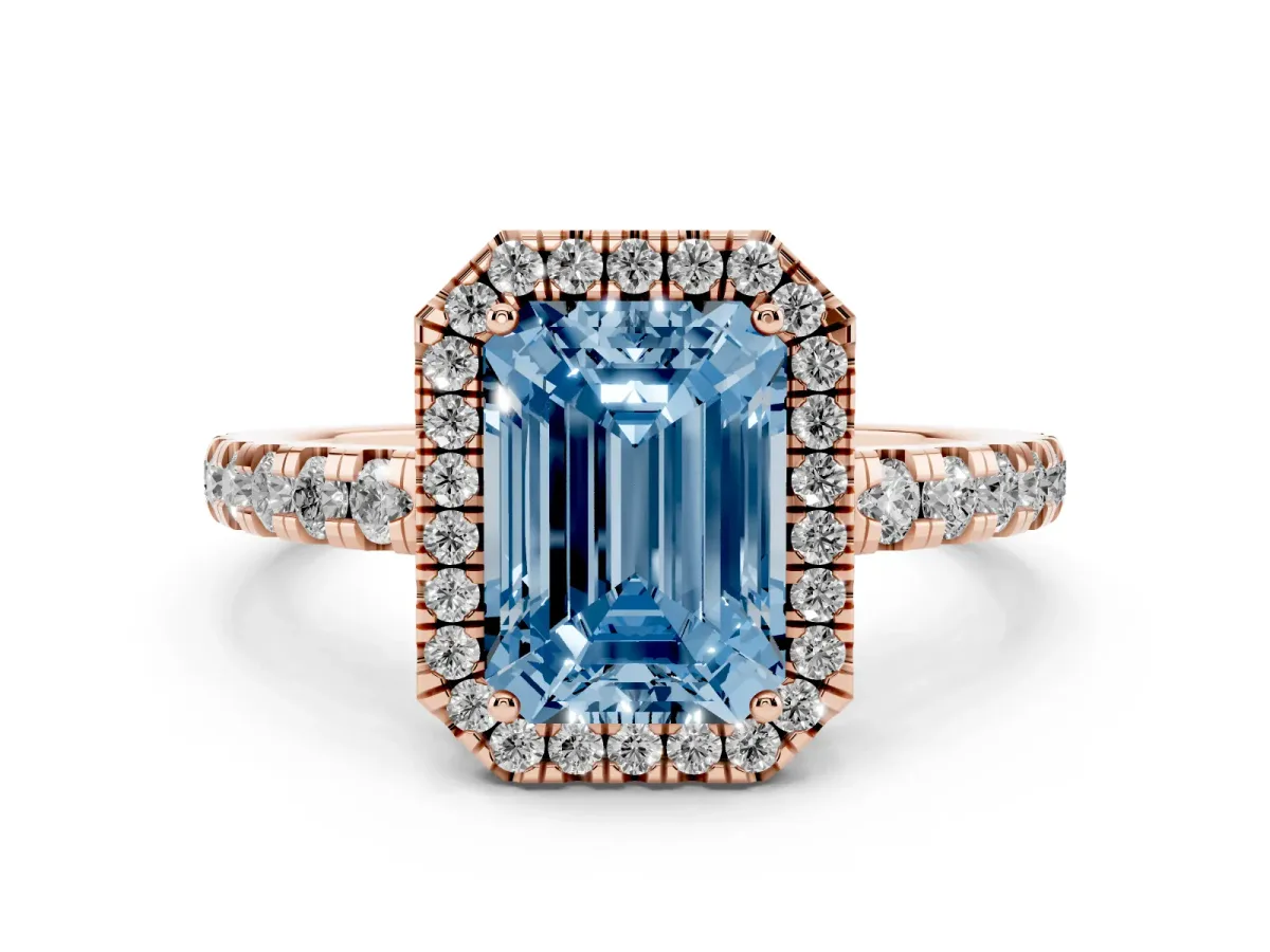 Fancy Blue Emerald Cut Diamond Halo Ring with Pavé Band and Four-Prong Setting Rose gold