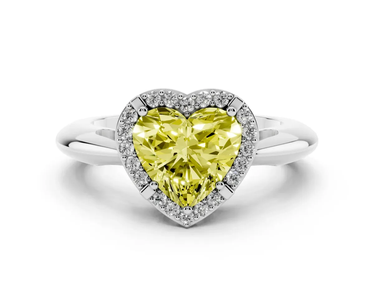 Fancy Yellow Heart Cut Cut Diamond Halo Engagement Ring with Split Shank and Four-Prong Setting Platinum