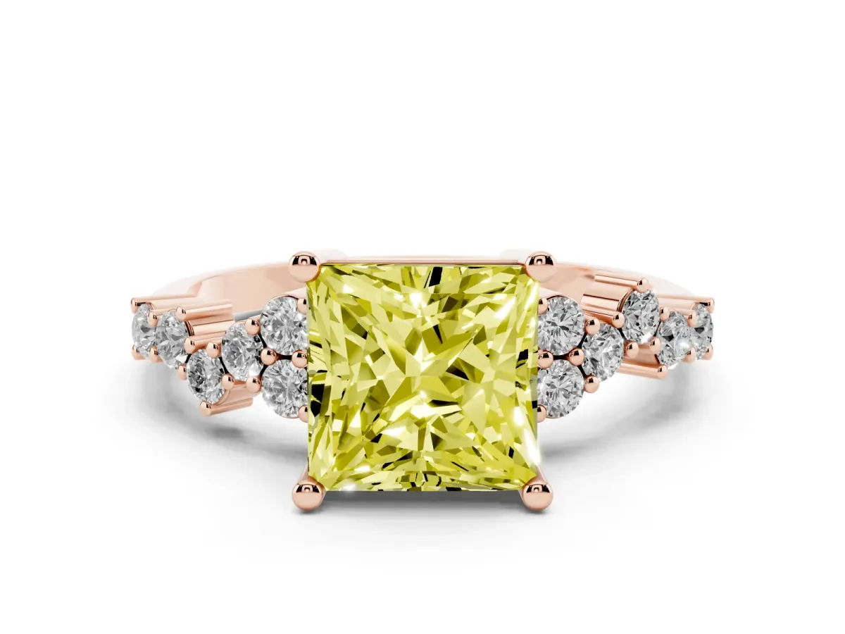 Fancy Yellow Princess Cut Diamond Scattered Round Accent Ring with Prong Setting Rose gold