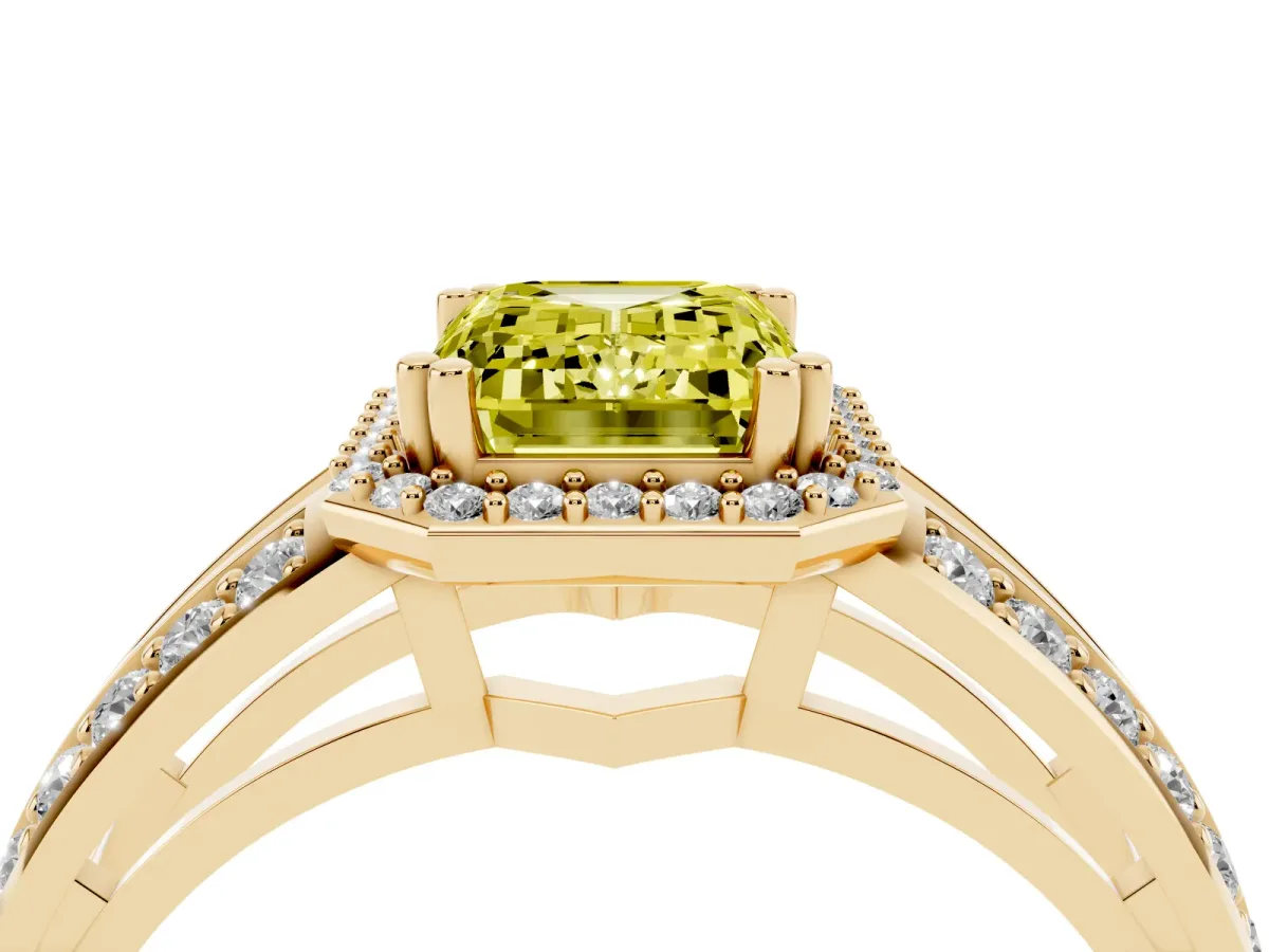 Fancy Yellow Emerald Cut Diamond Halo Ring with Split Shank Pavé Band and Four-Prong Setting Yellow gold