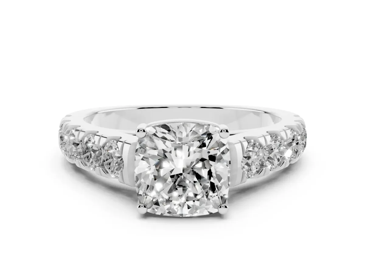 Cushion Cut Cut Diamond Solitaire Ring with Micro Pave Band and Prong Setting Platinum