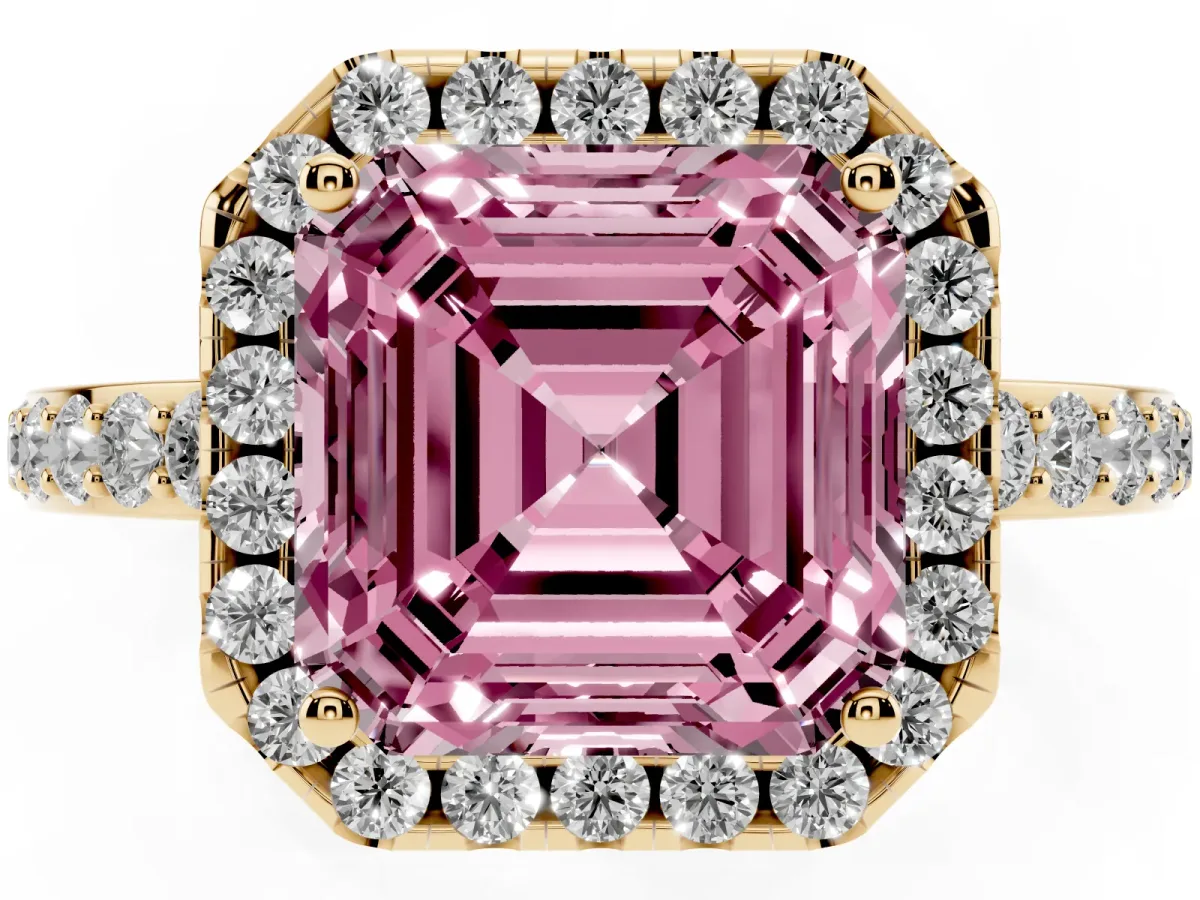 Fancy Pink Asscher Cut Halo Diamond Pavé Band Ring with Prong Setting Yellow gold