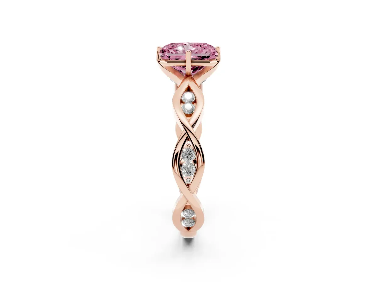 Fancy Pink Radiant Cut Solitaire Twist Band with Leaf Prong Setting Rose gold