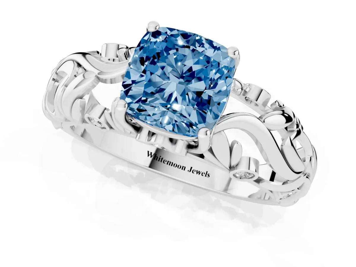 Fancy Blue Cushion Cut Solitaire Diamond Leaf-Inspired Vine Band Ring with Prong Setting Silver