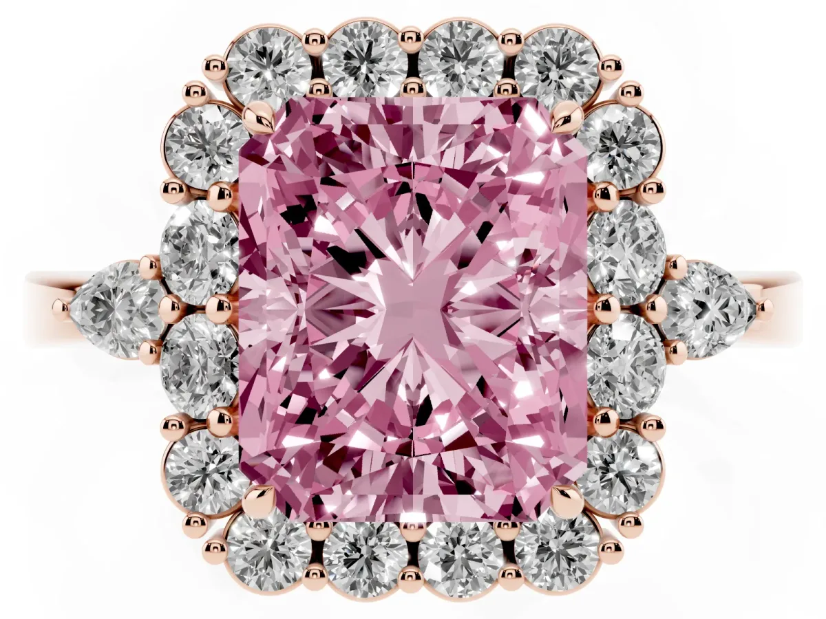 Fancy Pink Radiant Cut Diamond Halo Ring with Pear Side Stones and Prong Setting Rose gold