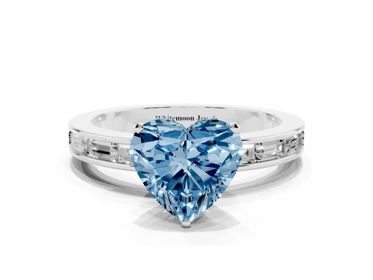 Fancy Blue Heart Cut Solitaire Diamond Ring with Channel-Set Baguette Band and Four-Prong Setting Platinum
