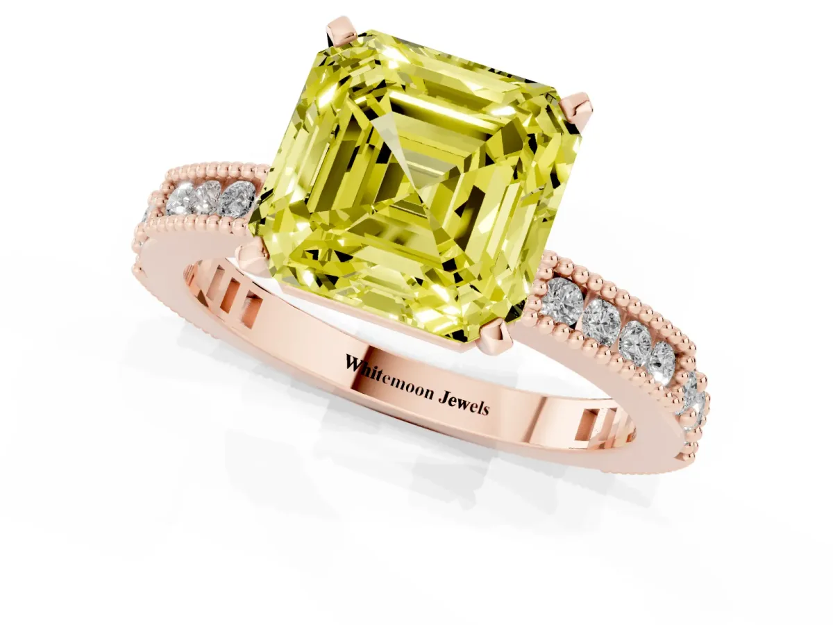 Fancy Yellow Asscher Cut Solitaire with Pavé Band and Four-Prong Setting Rose gold