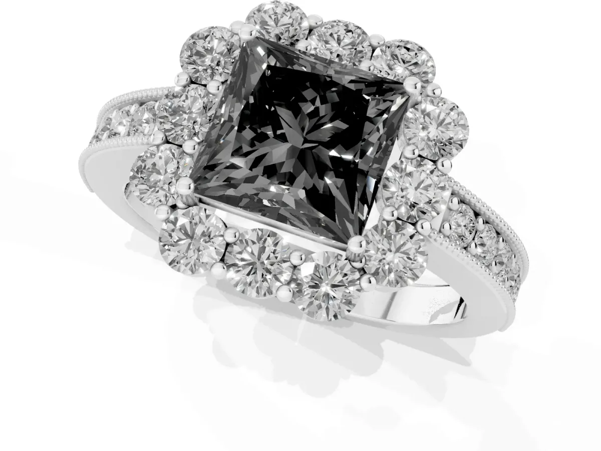 Fancy Black Princess Cut Cut Halo Diamond Pavé Engagement Ring with Milgrain Detailing Platinum