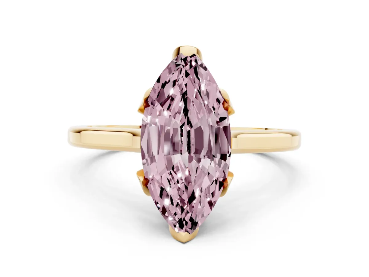 Fancy Pink Marquise Cut Diamond Solitaire Ring with Flower Prong Setting and Classic Band Yellow gold