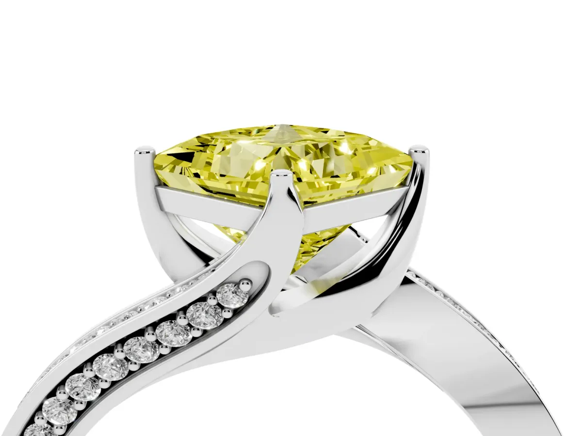 Fancy Yellow Princess Cut Solitaire Diamond Twist Band with Pavé Setting and Four-Prong Setting White gold