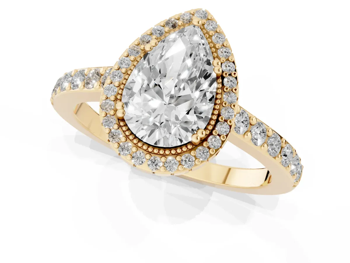 Pear Cut Cut Diamond Halo Engagement Ring with Milgrain Detail and Pavé Band Yellow gold