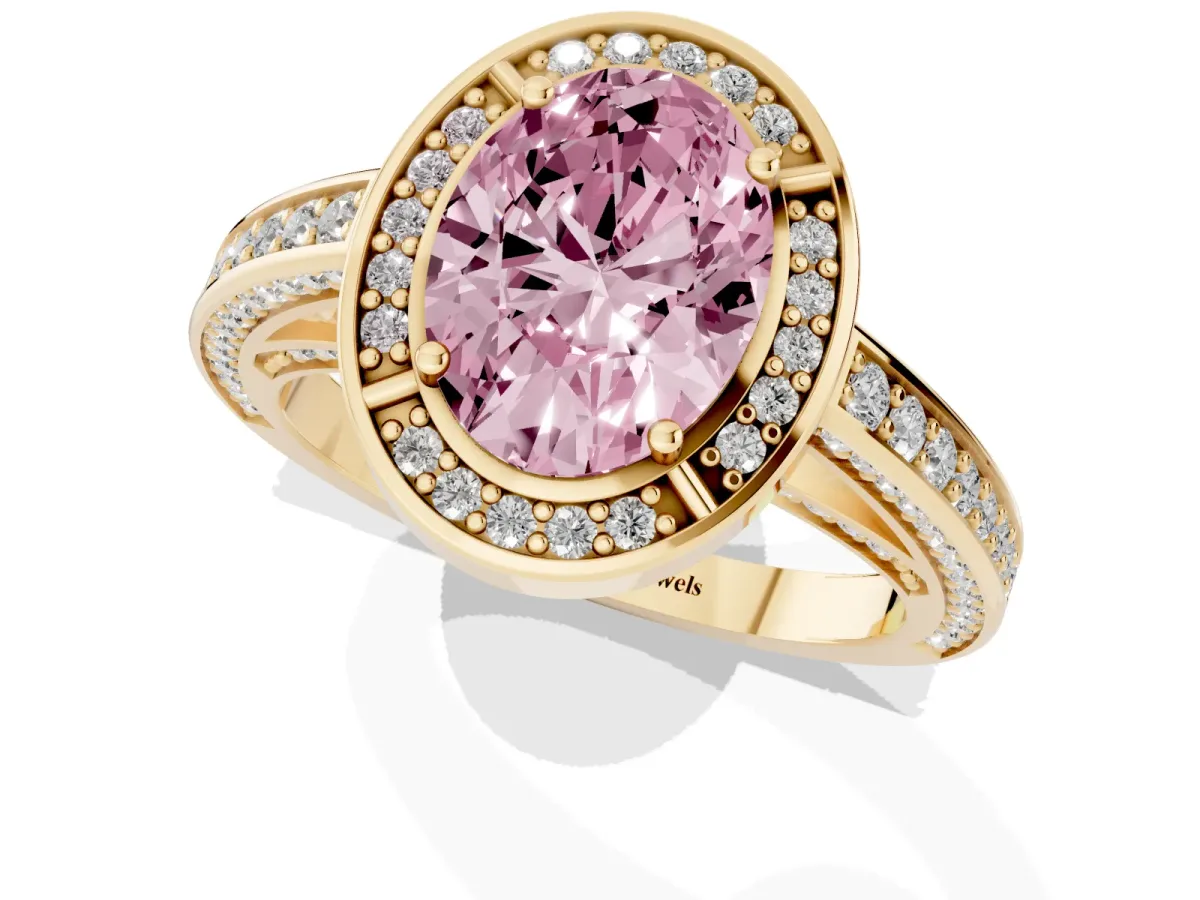 Fancy Pink Oval Cut Cut Halo Pave Split Shank Prong Setting Ring Yellow gold