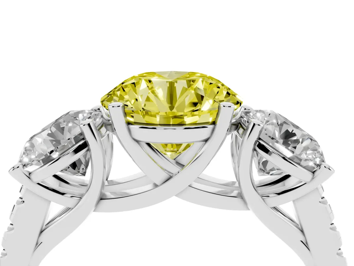 Fancy Yellow Three-Stone Round Cut Diamond Ring with Round Pavé Band and Prong Setting Silver