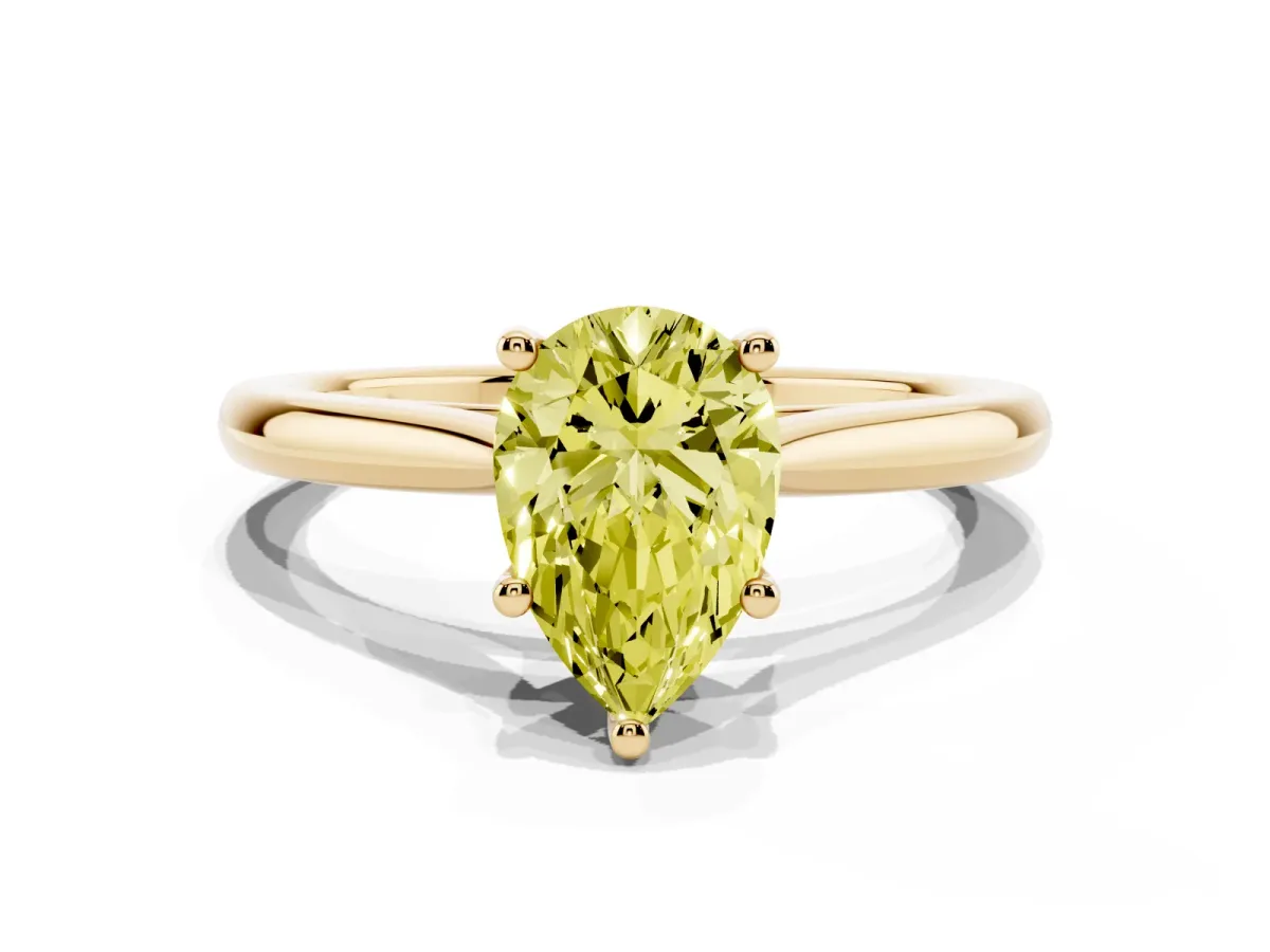 Fancy Yellow Pear Cut Cut Solitaire Ring with Cathedral Band and Four-Prong Setting Yellow gold