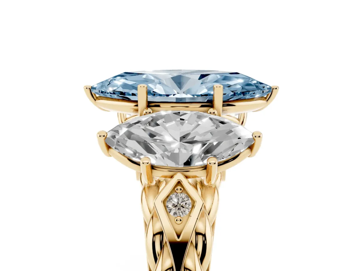 Fancy Blue Three-Stone Marquise Cut Diamond Braided Band Ring with Four-Prong Setting Yellow gold