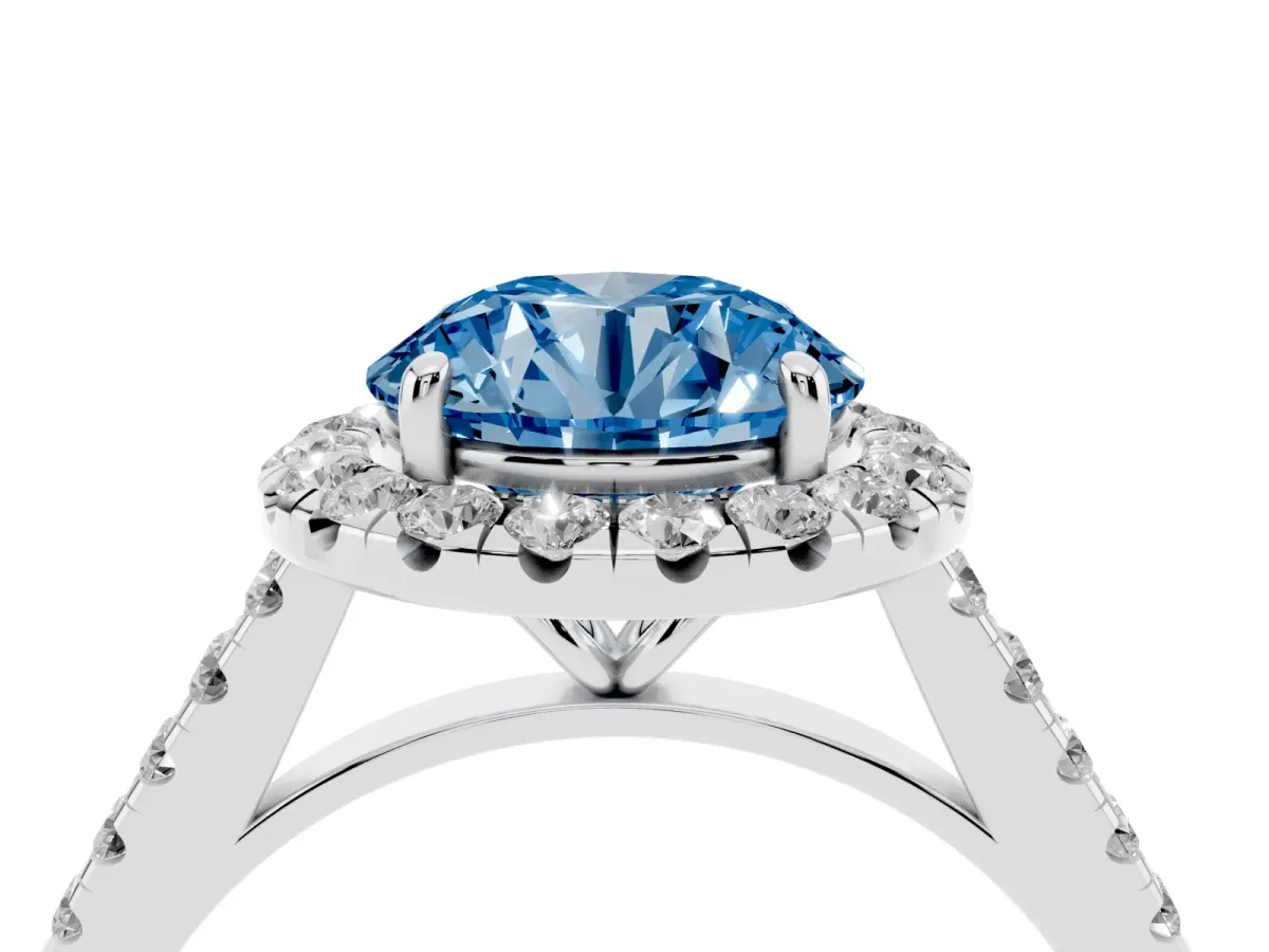 Fancy Blue Round Cut Halo Pave Diamond Engagement Ring with Four-Prong Setting Silver