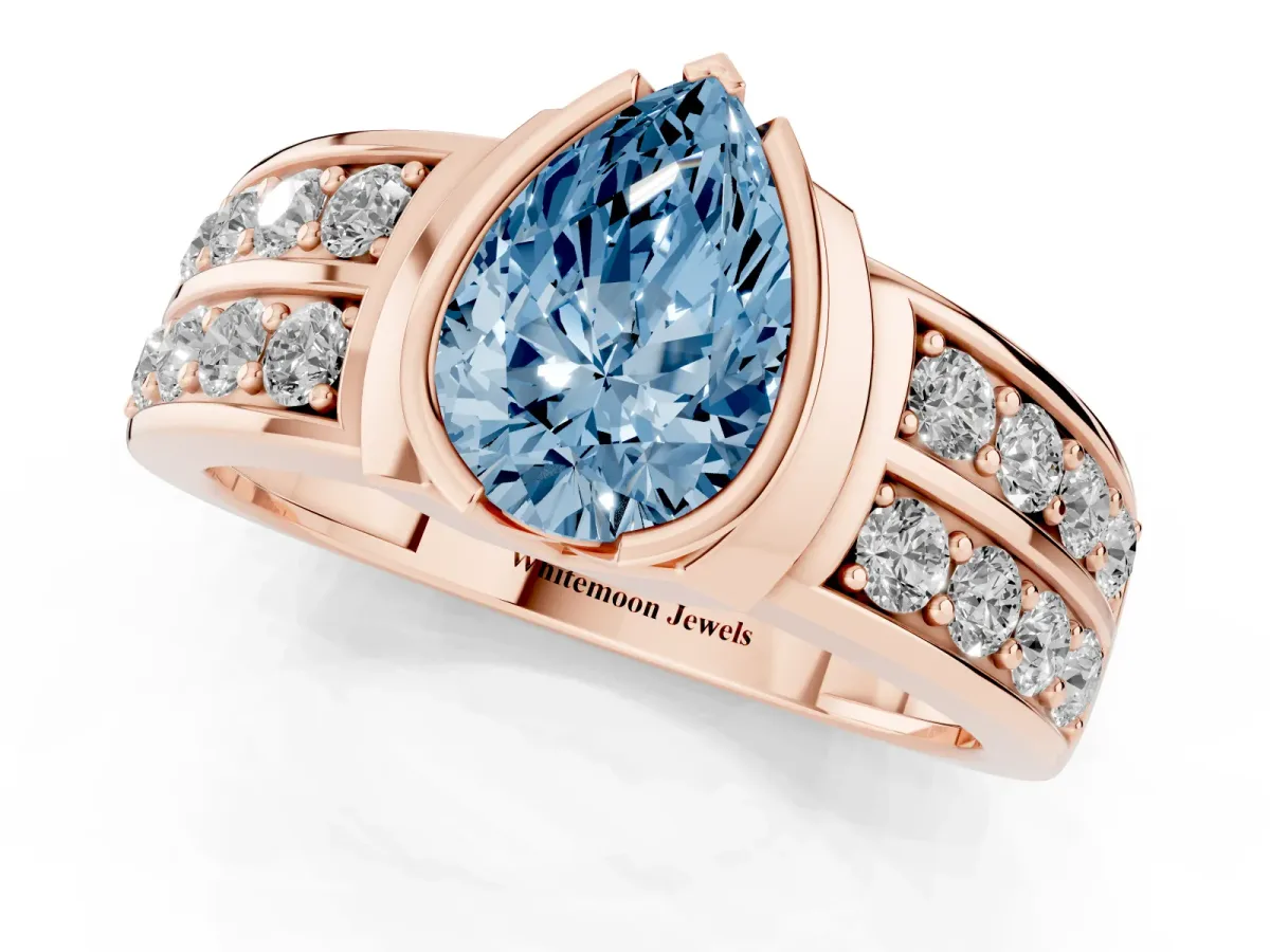 Fancy Blue Pear Cut Brilliant Diamond Channel Set Wide Band Ring with Bezel Setting Rose gold