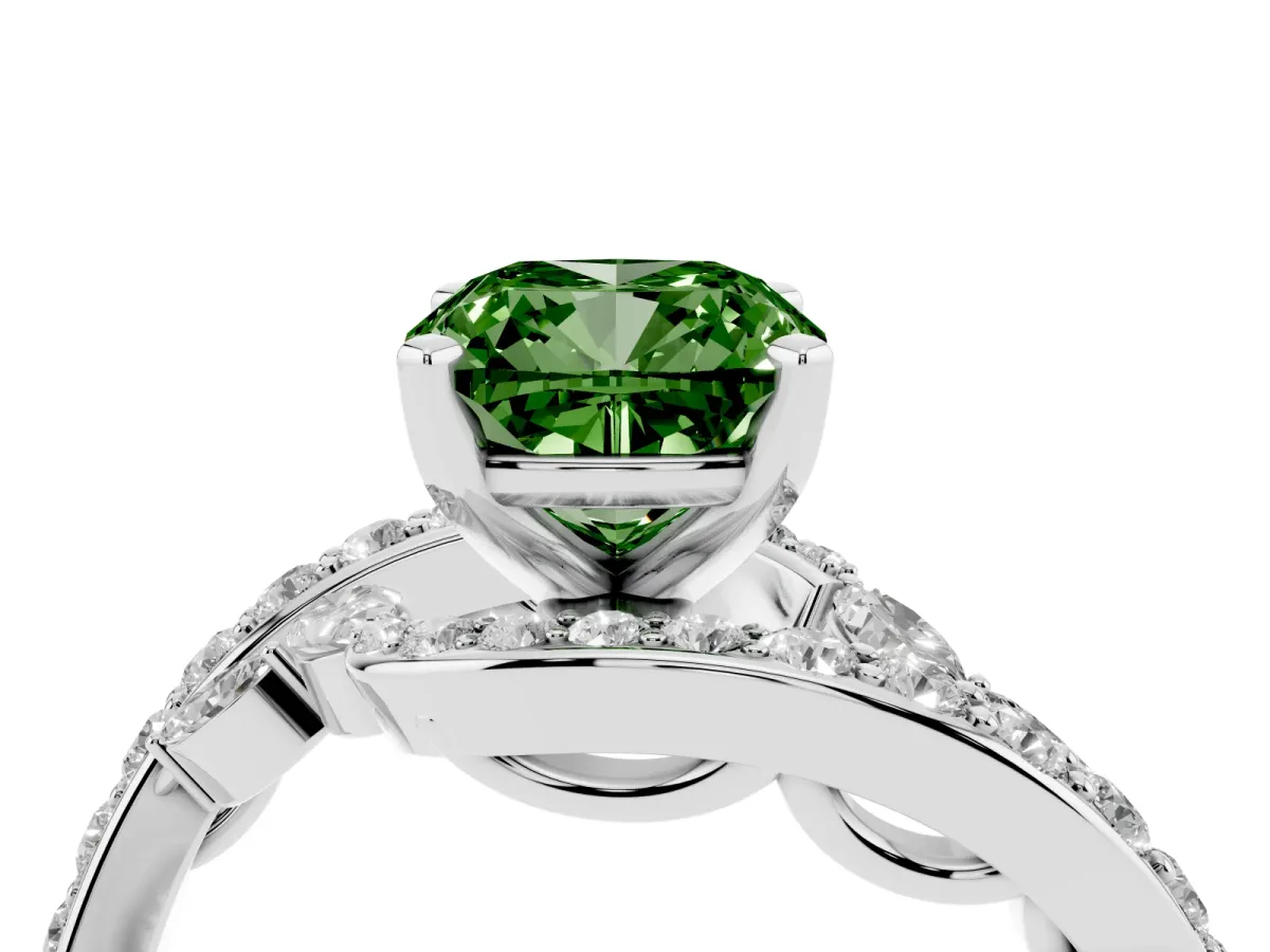 Fancy Green Cushion Cut Solitaire with Pavé Twist Band and Four-Prong Setting Platinum