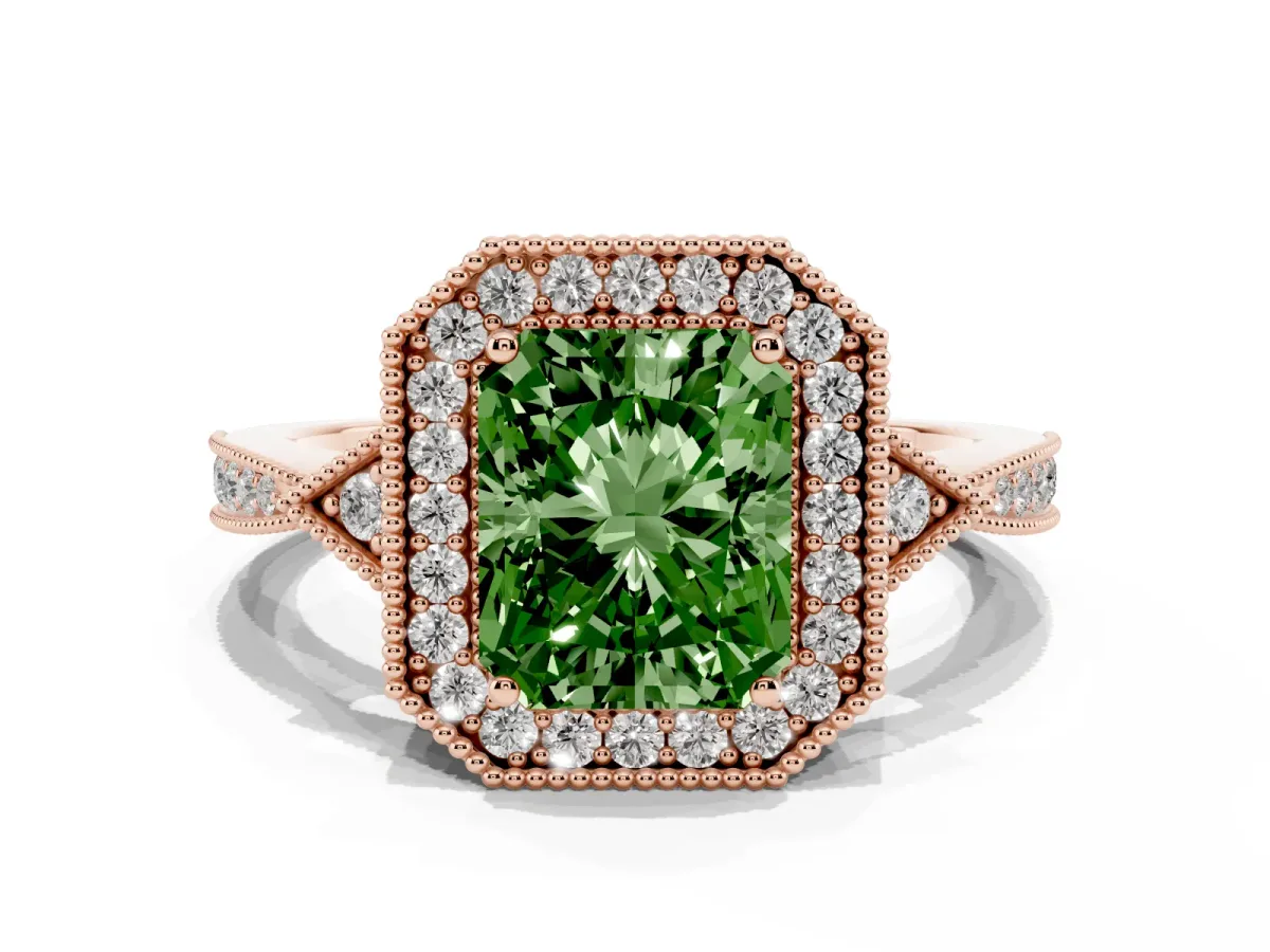 Fancy Green Radiant Cut Halo Round Diamond Milgrain Pave Engagement Ring Rose gold