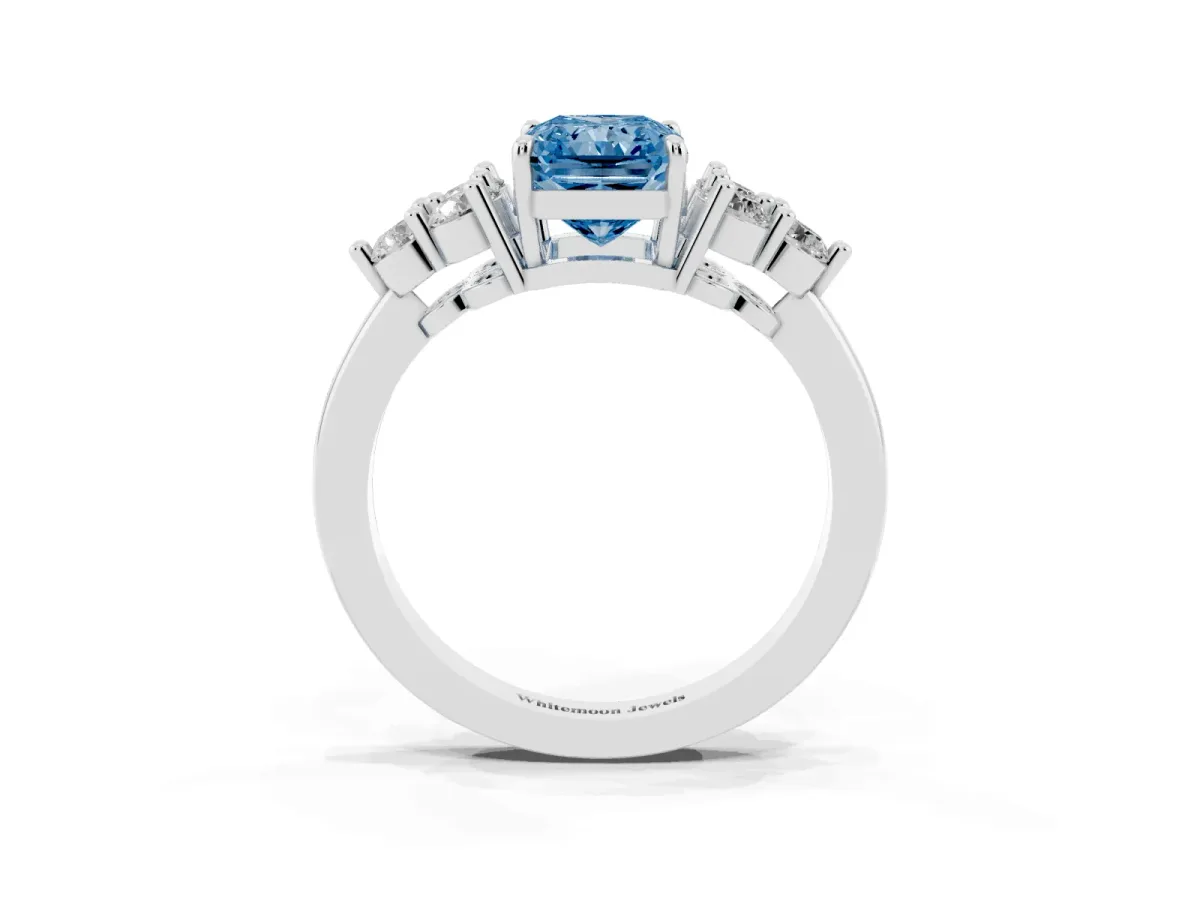 Fancy Blue Radiant Cut Brilliant Diamond Cluster Accent Solitaire Ring with Prong Setting Platinum