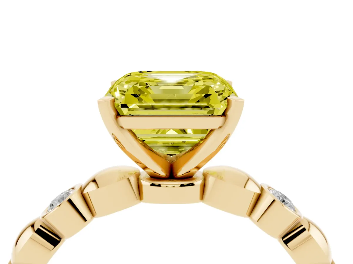 Fancy Yellow Asscher Cut Solitaire Bezel-Set Diamond Ring with Beaded Band and Four-Prong Setting Yellow gold