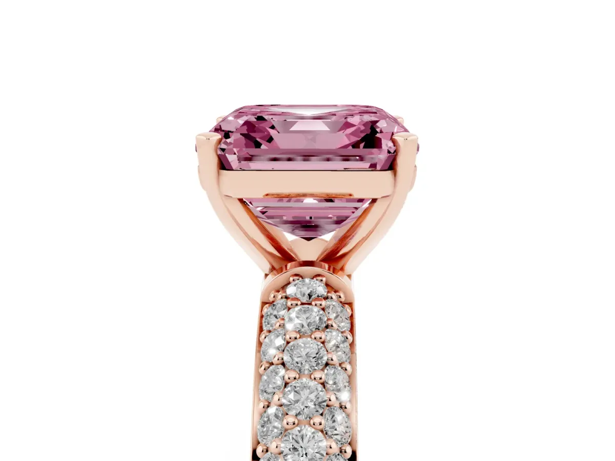 Fancy Pink Asscher Cut Diamond Solitaire Ring with Prong Setting and Pavé Band Rose gold