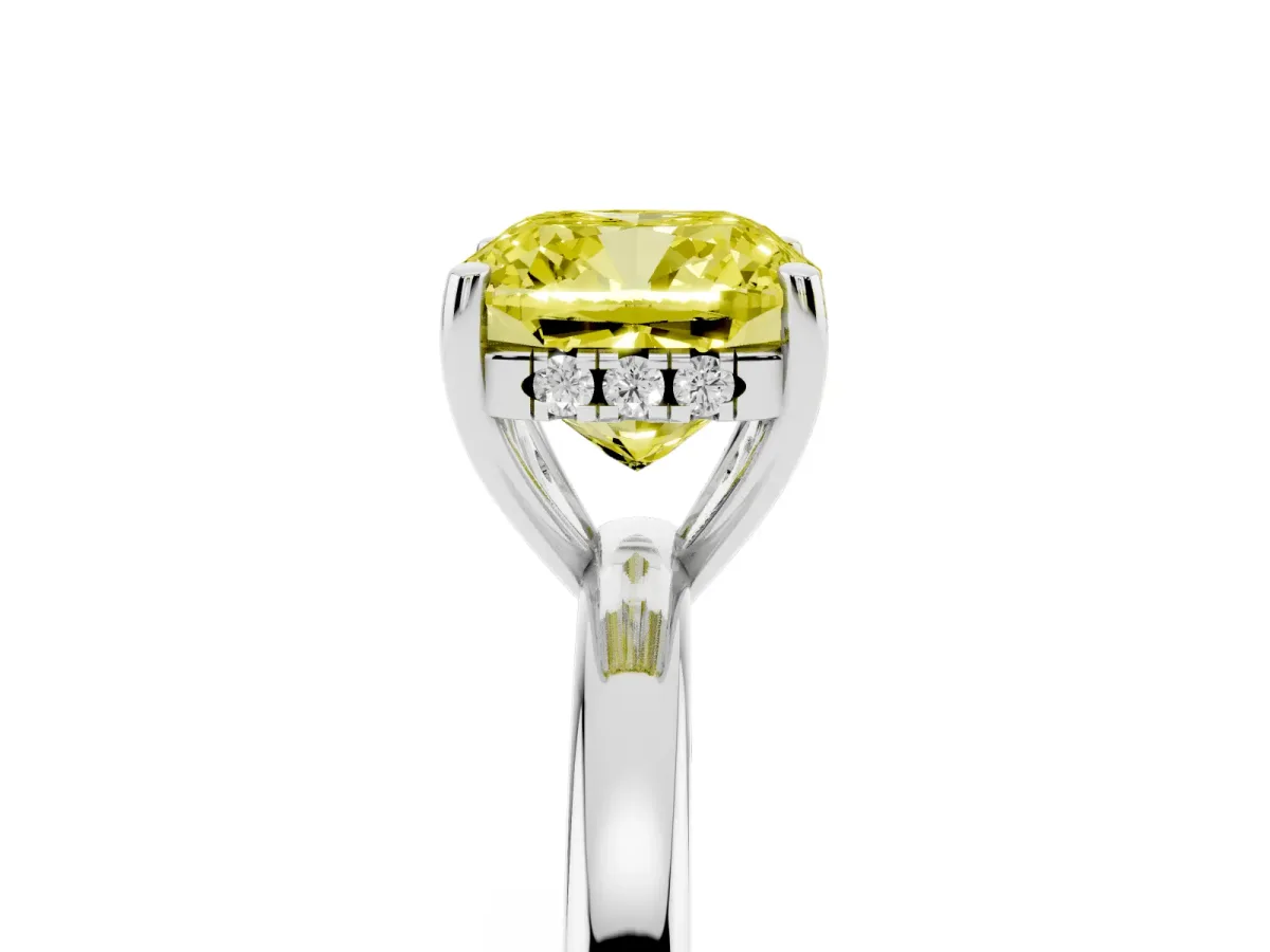 Fancy Yellow Cushion Cut Solitaire Diamond Ring with Prong Setting and Plain Band Platinum