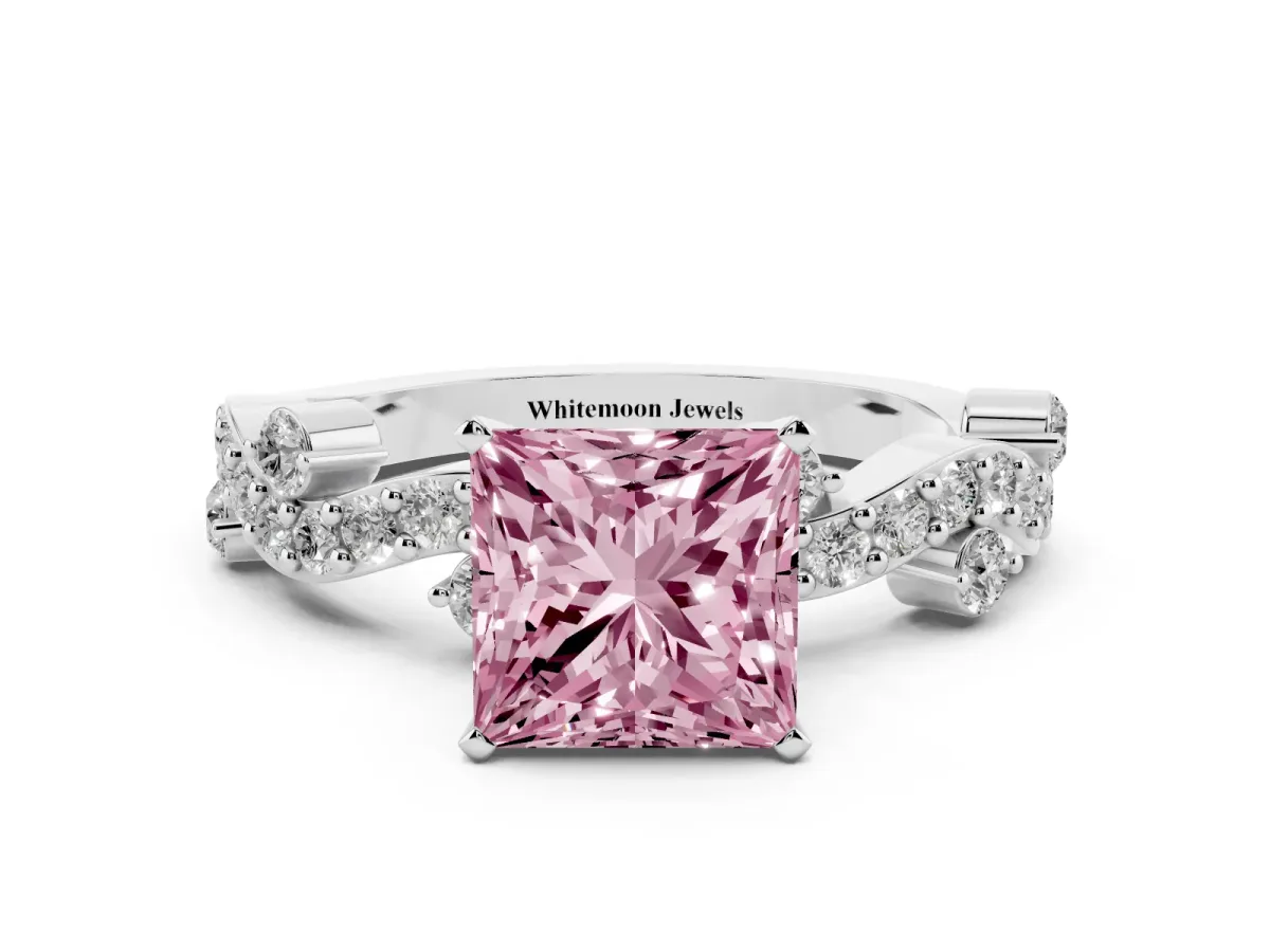 Fancy Pink Princess Cut Cut Solitaire Diamond Twisted Band with Pave Setting Silver