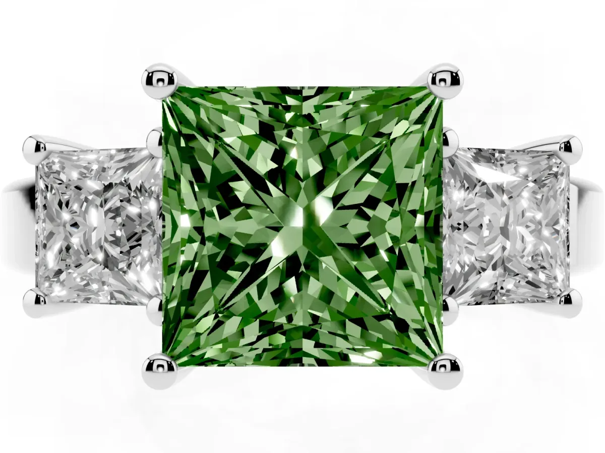 Fancy Green Three-Stone Princess Cut Cut Solitaire Ring with Prong Setting Silver