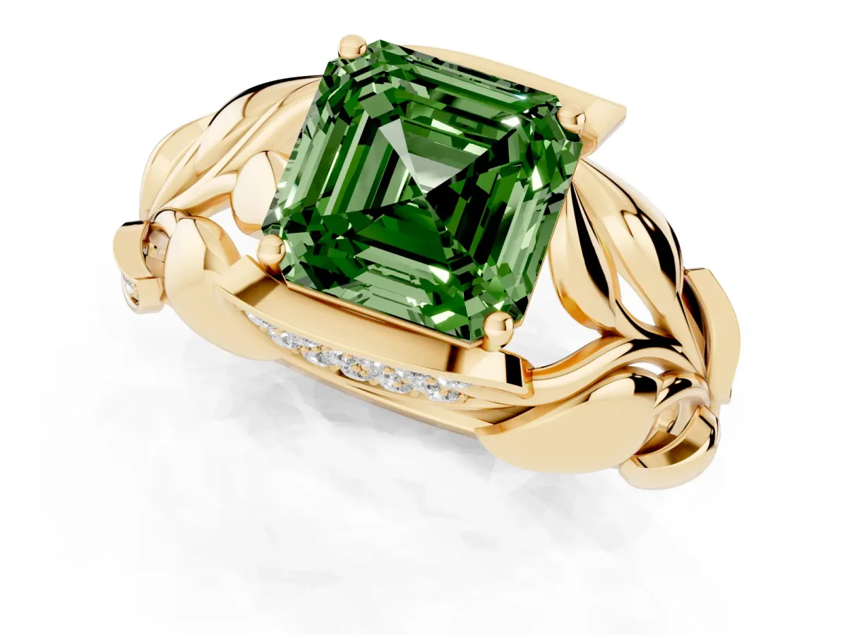 Fancy Green Asscher Cut Diamond Leaf-Inspired Engagement Ring with Round Accents and Prong Setting Yellow gold