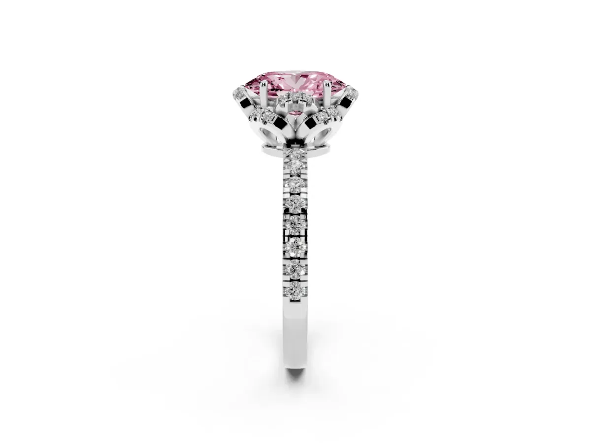 Fancy Pink Oval Cut Halo Diamond Pave Band Ring with Four-Prong Setting Silver