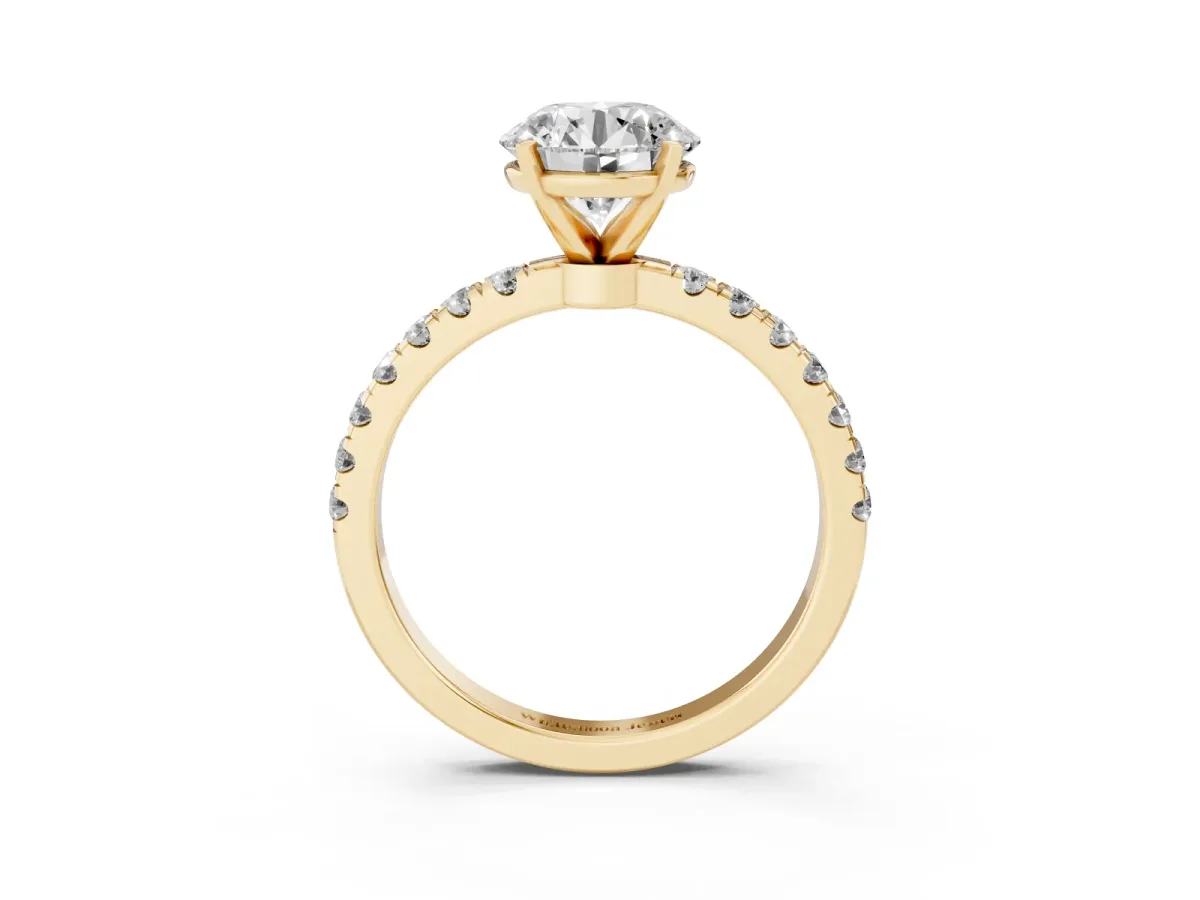 Round Cut Diamond Solitaire Ring with Pavé Accents and Four-Prong Setting Yellow gold