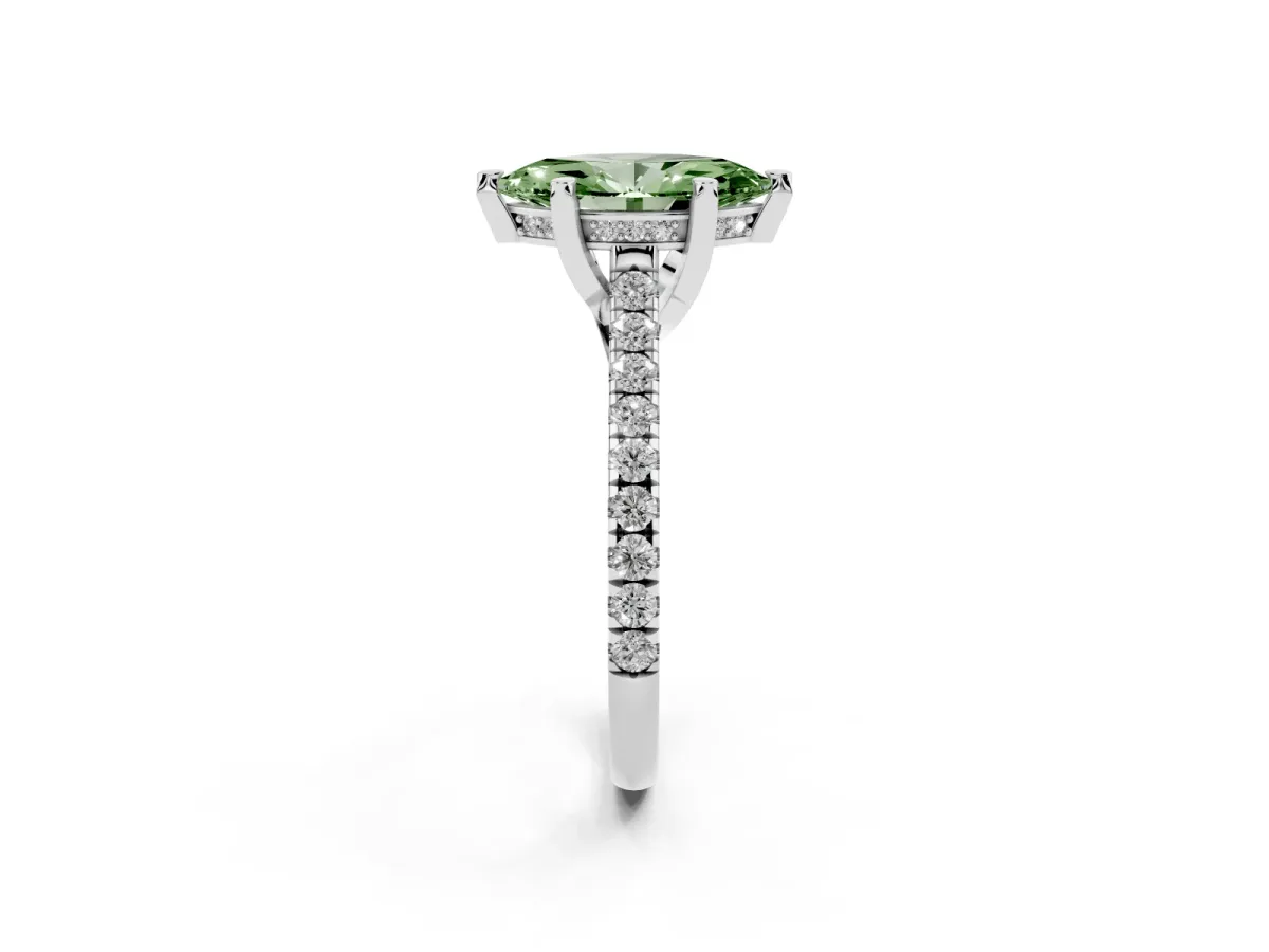 Fancy Green Marquise Cut Brilliant Diamond Solitaire with Pavé Band and Four-Prong Setting Silver