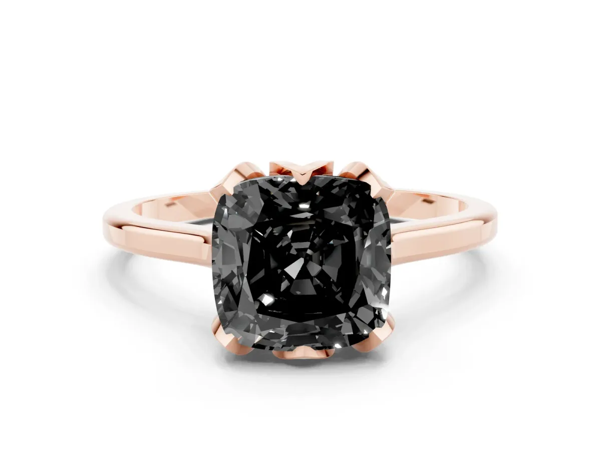 Fancy Black Cushion Cut Diamond Solitaire Ring with Flower Prong Setting and Classic Band Rose gold
