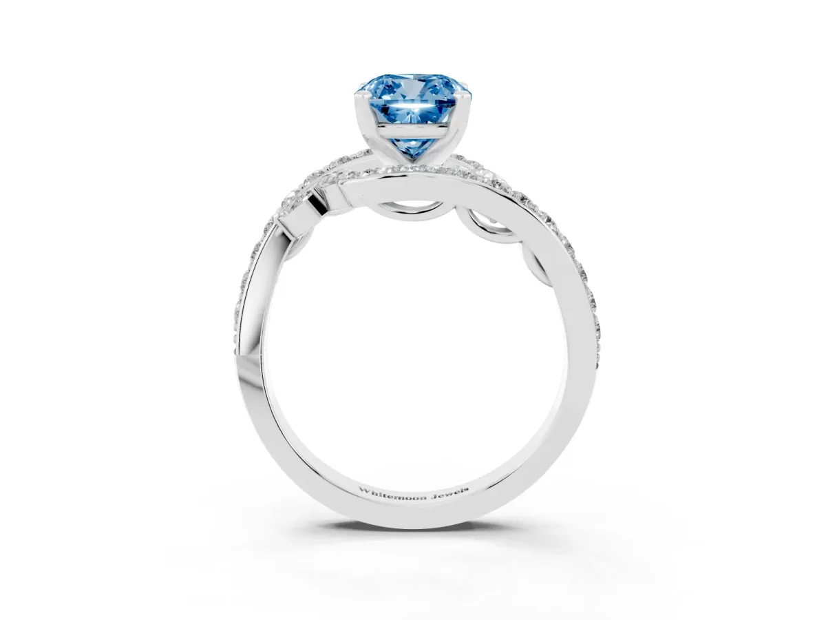 Fancy Blue Cushion Cut Diamond Solitaire Ring with Filigree Band and Four-Prong Setting Silver