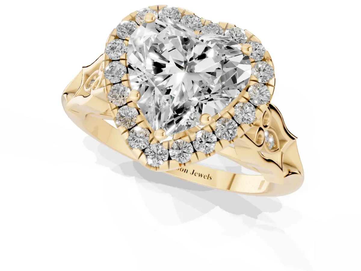 Heart Cut Halo Diamond Engagement Ring with Filigree Band and Four-Prong Setting Yellow gold